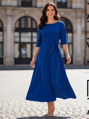 Kasper Blue Fit & Flare Dress Size 14 Tie Waist Work Office NWT Flaw